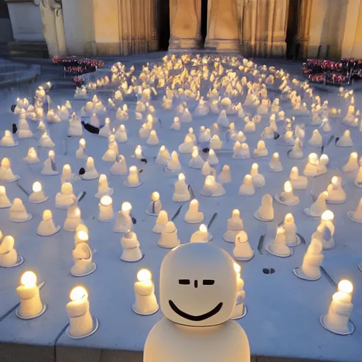 Prompt: a white marble statue of reddit snoo surrounded by lit candles