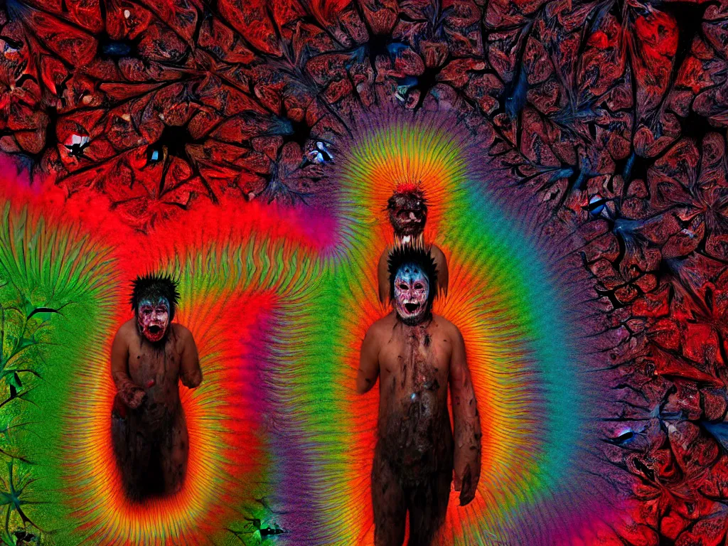 Prompt: a portrait of a beautiful colorful ( flesh - eating ) yamazaku covered in raindow fur, eating the leg of a screaming man, ground covered in maggots, seen from a fractal kaleidoscope, schizophrenic hallucination, fear, morbid, nightmare, supernatural, 8 k, hd photography, highly detailed, chiaroscuro, terrifying