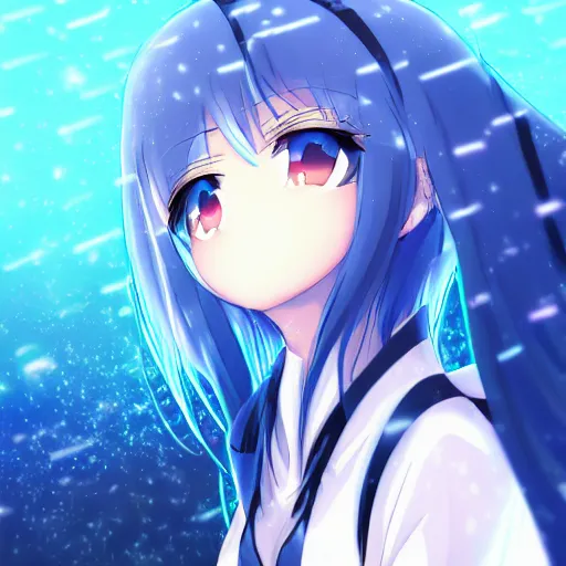 Image similar to key anime visual of a girl with glowing blue eyes; rain falling; close up shot; trending on Pixiv