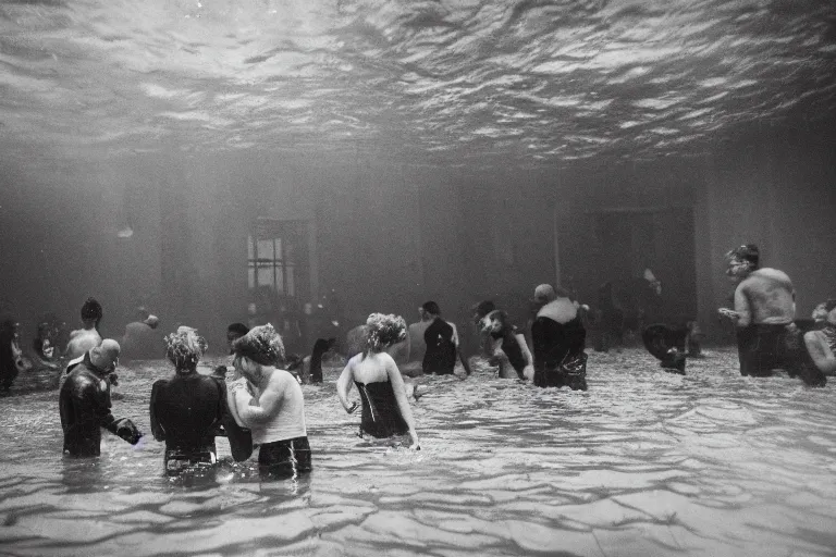 Image similar to people trapped in a flooded ballroom, drowning, underwater view, black and white photograph