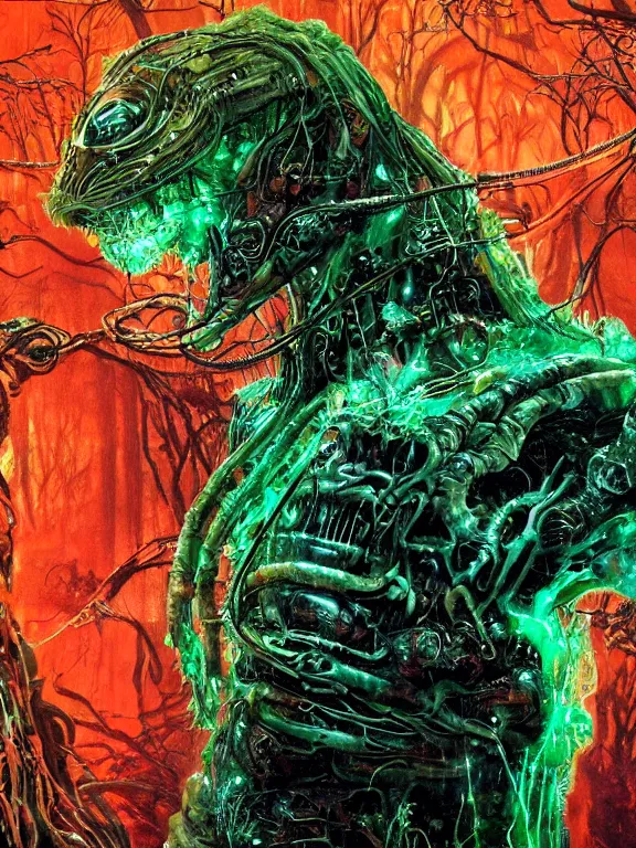 Image similar to closeup portrait of a living goo on a ( transparent cyborg leshy panther with glowing veins ), in alien forest crushed ship interior, cinematic light, backlight glow, red green, mist, by mikhail vrubel, by philippe druillet, by peter elson, by gerald brom, muted colors, extreme detail, trending on artstation, 8 k