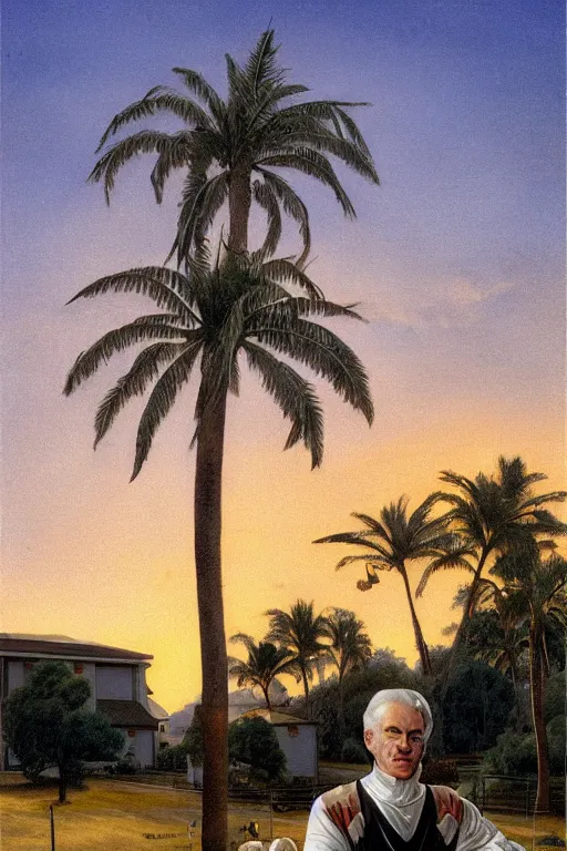 Prompt: Grey Alien, golden hour, next to a dairy farm, palm trees, artstation, by J. C. Leyendecker and Peter Paul Rubens, - 12p