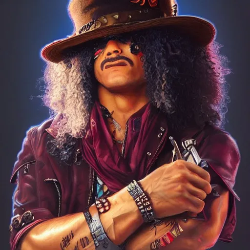 Prompt: slash portrait guns and roses, intricate, highly detailed, digital painting, artstation, concept art, smooth, sharp focus, illustration, unreal engine 5, 8 k, art by artgerm and greg rutkowski and alphonse mucha