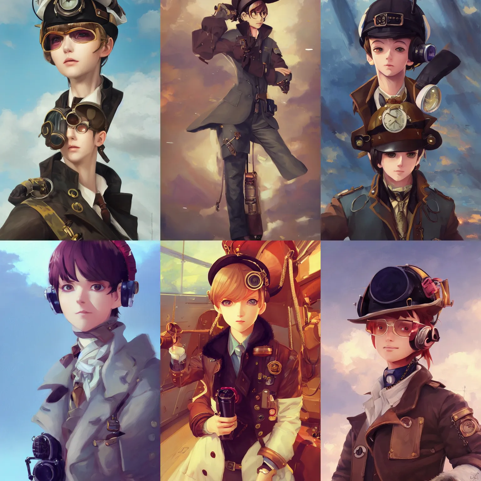 Prompt: a portrait of a cute young air pirate with a very stylish coat, steampunk setting, vivid colors, soft lighting, atmospheric, cinematic, moody, in the style of Ilya Kuvshinov and Range Murata, Krenz Cushart, oil on canvas, 8k