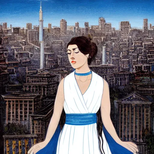 Image similar to A beautiful performance art of a young woman with big blue eyes. She has long lashes and a small mouth. Her hair is pulled back in a bun with a few stray hairs falling down. She's wearing a white dress with a blue sash and a blue scarf around her neck. In the background is a cityscape with tall buildings. Ancient Roman, jet black by J.M.W. Turner, by Otto Dix colorful