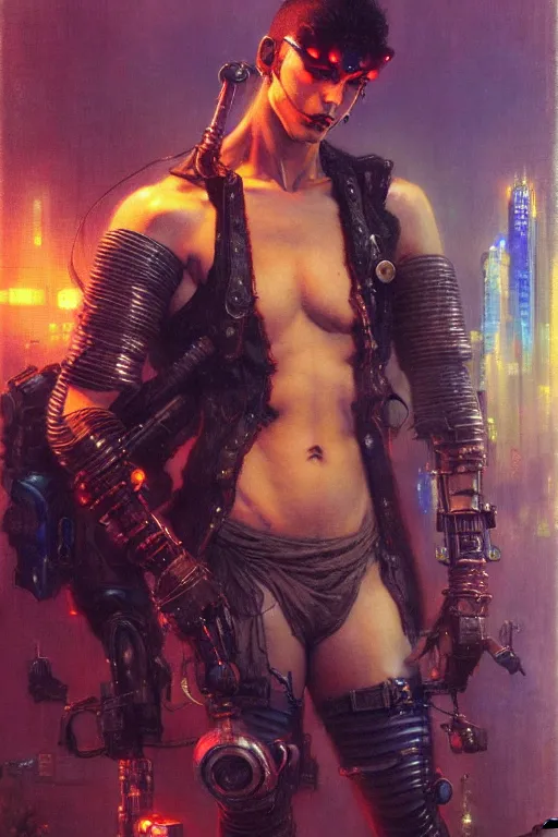 Image similar to cyberpunk, attractive male, character design, painting by gaston bussiere, katsuya terada, frank frazetta, tom of finland, trending on artstation