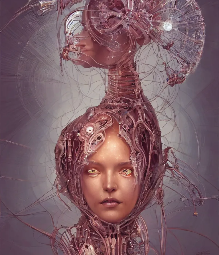 Image similar to fully symmetrical centered portrait of a beautiful princess in robe. artificial muscles, ribcage, bones, hard surface modelling. cyberpunk look. biomechanical mask. bio luminescent biomechanical halo around head. jellyfish. artwork by jarold Sng by artgerm, by Eddie Mendoza, by Peter mohrbacher by tooth wu by alfons mucha, unreal engine, octane render, cinematic light, iridescent details, iridescent colors, dichroic, macro, depth of field, blur