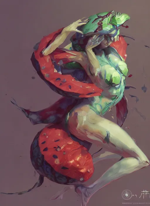 Image similar to semi reallistic gouache gesture painting, by yoshitaka amano, by ruan jia, by Conrad roset, by dofus online artists, detailed anime 3d render watermelon monster, watermelon terrible monster, antrophomorfic watermelon, portrait, cgsociety, artstation, rococo mechanical, Digital reality, sf5 ink style, dieselpunk atmosphere, gesture drawn