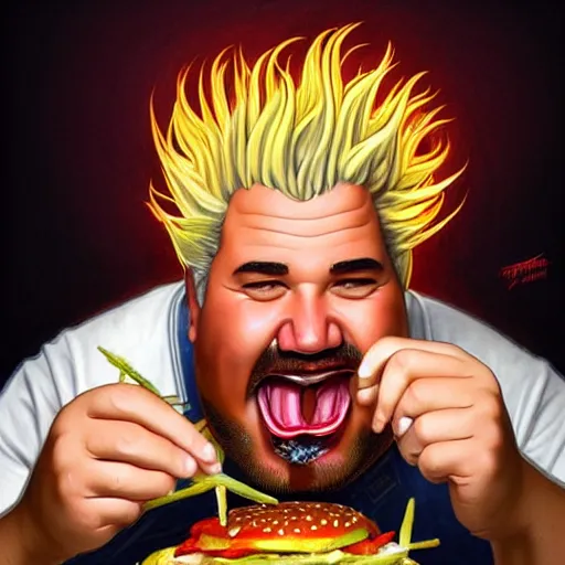 Prompt: portrait of guy fieri eating giant hamburgers, big macs with extra bacon lettuce tomato, ethereal, handsome, d & d, fantasy, intricate, elegant, highly detailed, digital painting, artstation, concept art, matte, sharp focus, illustration, art by artgerm and greg rutkowski and alphonse mucha