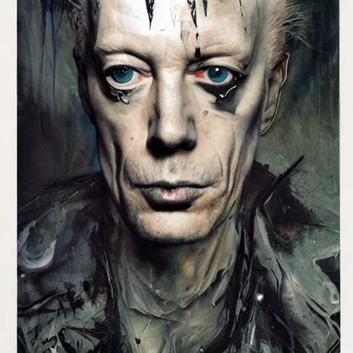 Prompt: stunning portrait of gaunt max von sydow a ( the cure fan ) as dream from sandman, dim stars as eyes, by jeremy mann, by cedric peyravernay, by by russ mills, by richard avedon and ben templesmith, dramatic lightning, sadness, dark eye sockets, in the shadows, punk rock, gothic, high detailed, 8 k