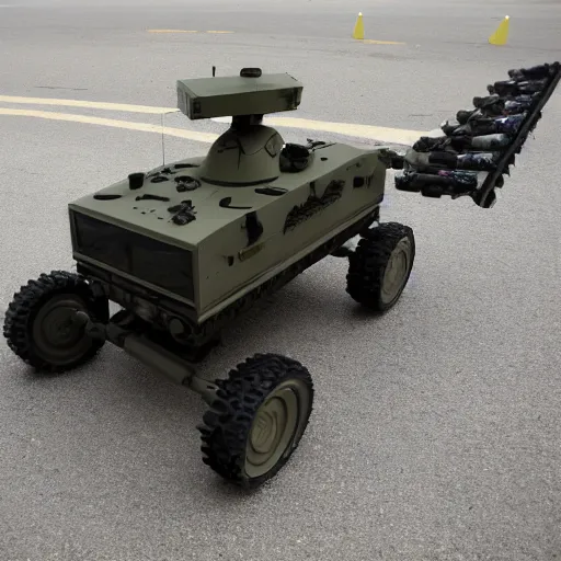 Image similar to unmanned ground vehicle, military, carrying weapons