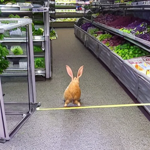 Prompt: a rabbit caught on security camera breaking into a vegetable store