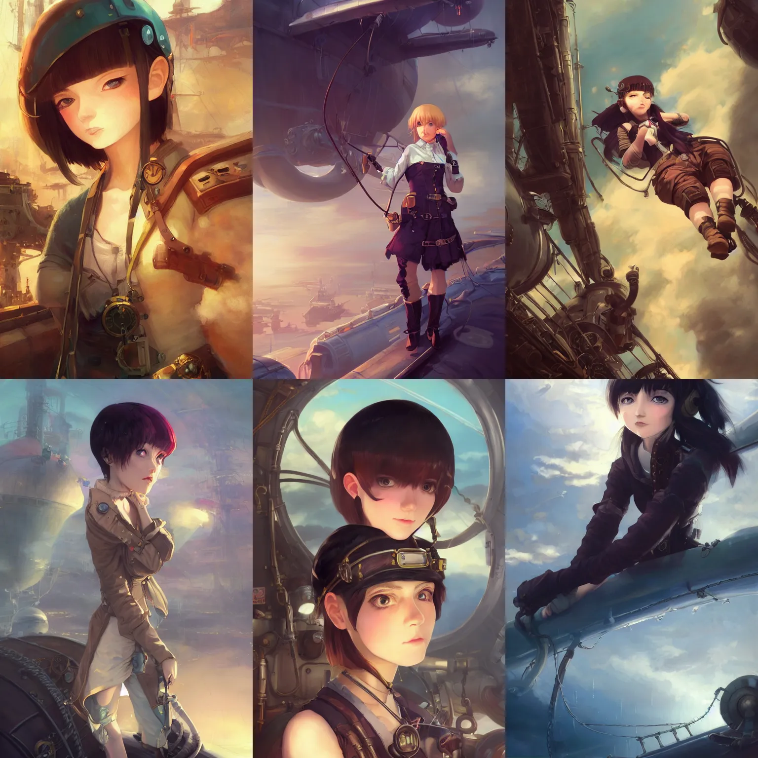 Prompt: a portrait of a cute female air pirate with black bob cut hair leaning against the railing of an airship, steampunk setting, gears, steam, mist, vivid colors, soft lighting, atmospheric, cinematic, moody, in the style of Ilya Kuvshinov and Range Murata, Krenz Cushart, concept art, oil on canvas, 8k