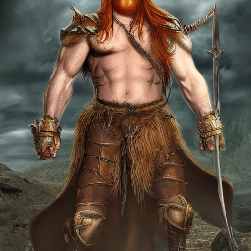 Image similar to ginger viking with flowing long wavy hair in leather and metal armor, bare chest, very pale, very hairy, very muscular, very tall, full body picture, fantasy, dungeons and dragons, detailed digital art, 4 k