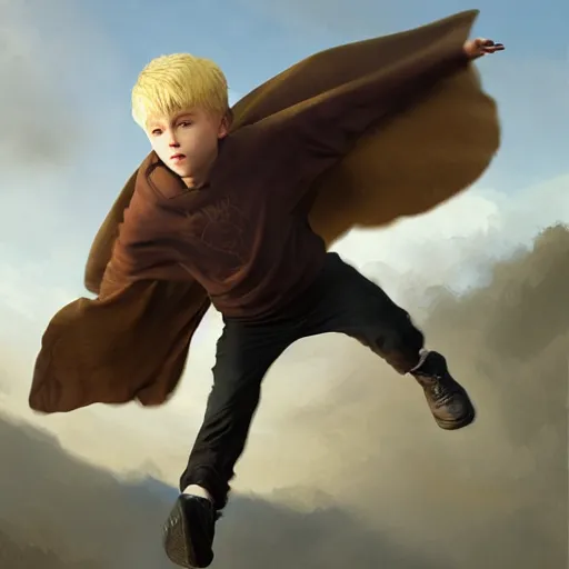 Image similar to blonde boy with golden eyes wearing a brown cape and flying in t pose, energy background, brush strokes, greg rutkowski, oil painting