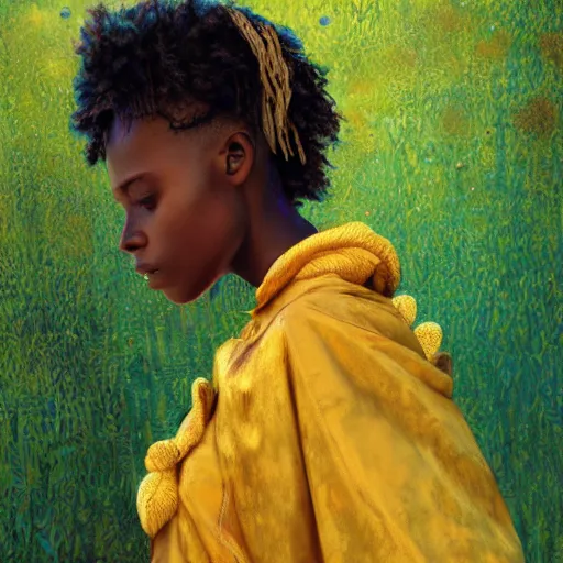 Prompt: extreme detail, african teenager, female, charles vess, gold silk clothes, klimt, hyperealistic, hdri lighting, octane