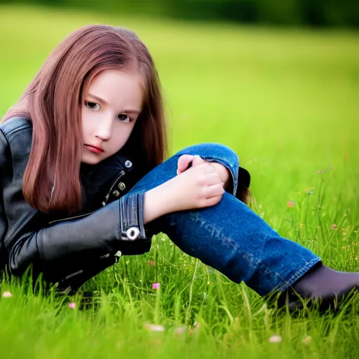 Prompt: young girl lies on a meadow, she wears leather jacket, jeans and black boots, sharp focus, photo taken by nikon, 4 k,