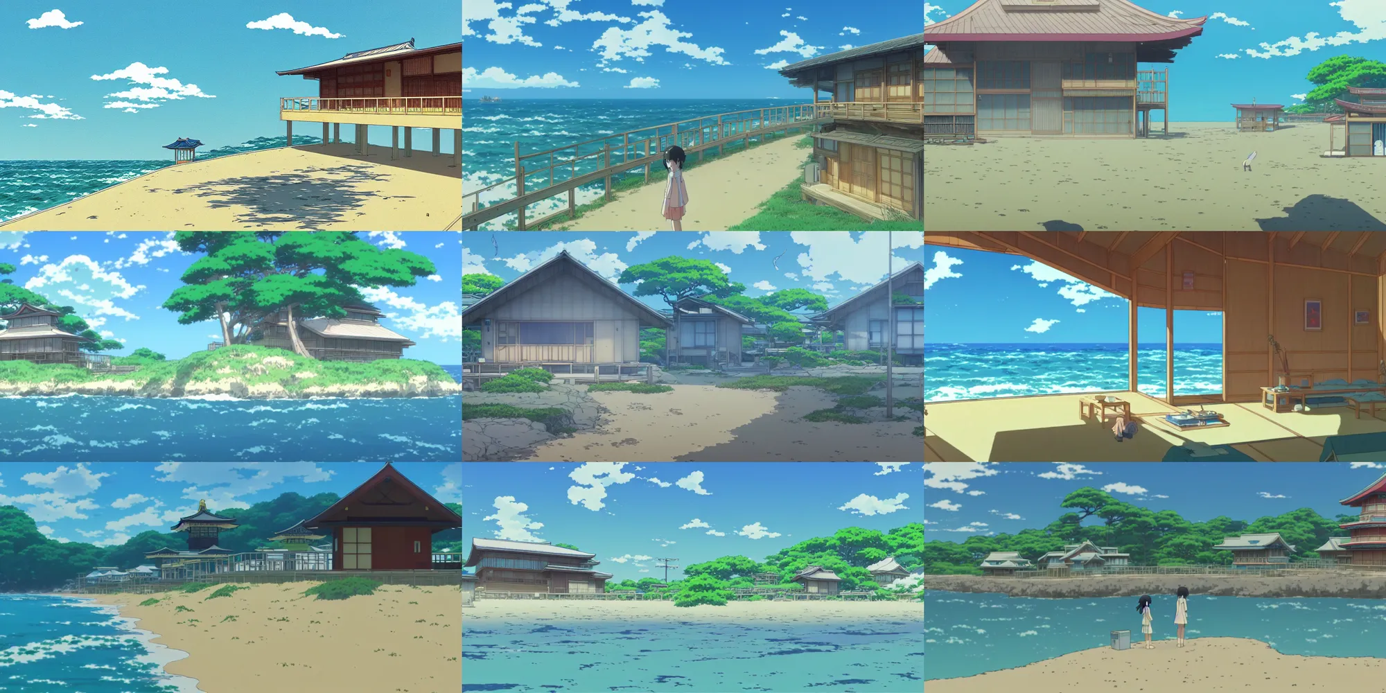 Prompt: a japanese beach house near the ocean, screenshot from the anime film by Makoto Shinkai and studio ghibli