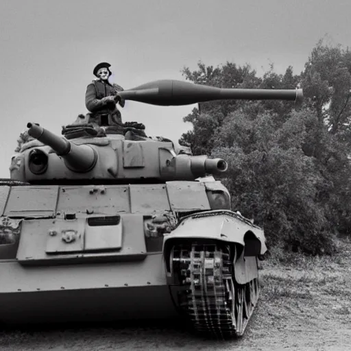 Image similar to world War 2 photography of Donald Trump hugging a tank, shot by Annie Leibovitz, award winning, 4k, 8k, black and white photography, cinematic lighting.