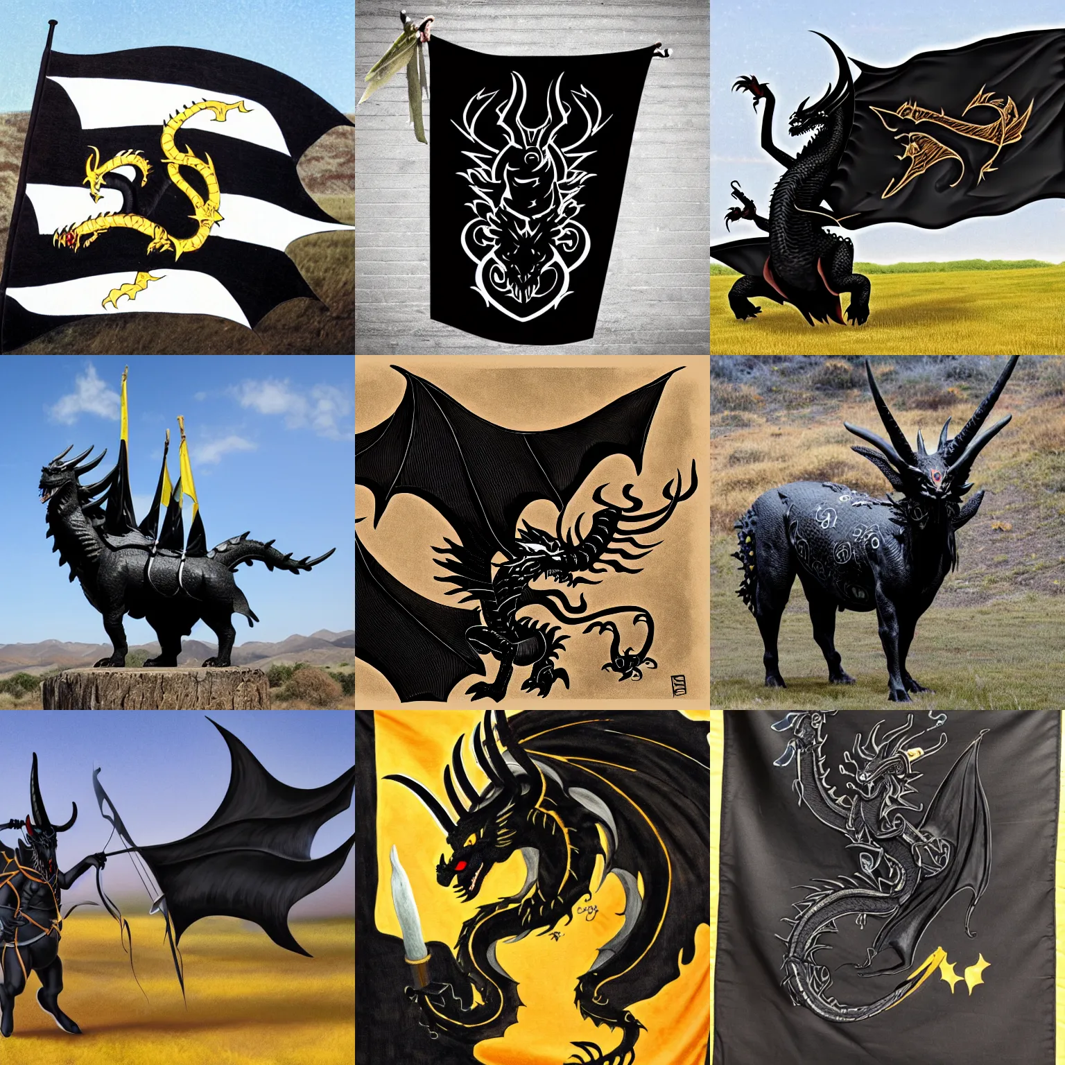 Prompt: a black western dragon with four horns waving a Haskell flag