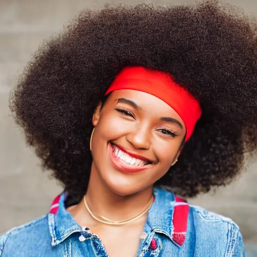Image similar to stylish portrait of a young woman with an afro wearing a tennis visor, smiling, outside, sigma 8 5 mm f / 1. 4, realistic photo