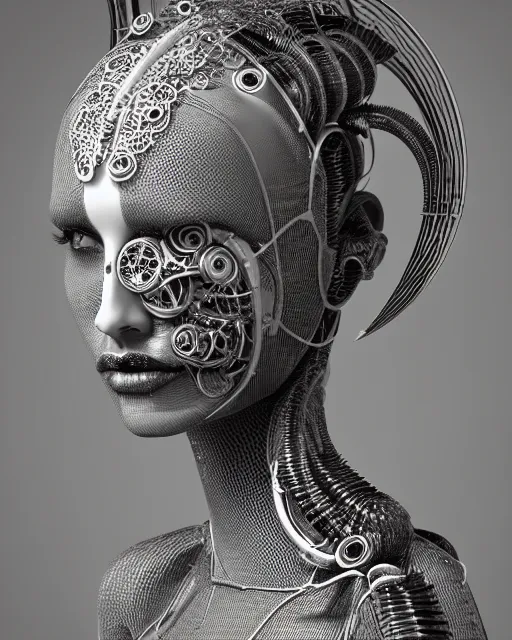 Image similar to mythical black and white organic bio-mechanical spinal ribbed profile face portrait detail of mechanical beautiful female angelic-vegetal-cyborg, highly detailed, intricate steampunk ornate, poetic, 3D render, digital art, octane render, 8K artistic photography, photo-realistic, by Dora Maar