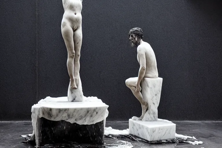 Image similar to a sculpture of a person sitting on a top of the chair, a white marble sculpture covered with floating water by nicola samori, behance, neo - expressionism, marble sculpture, apocalypse art, made of mist