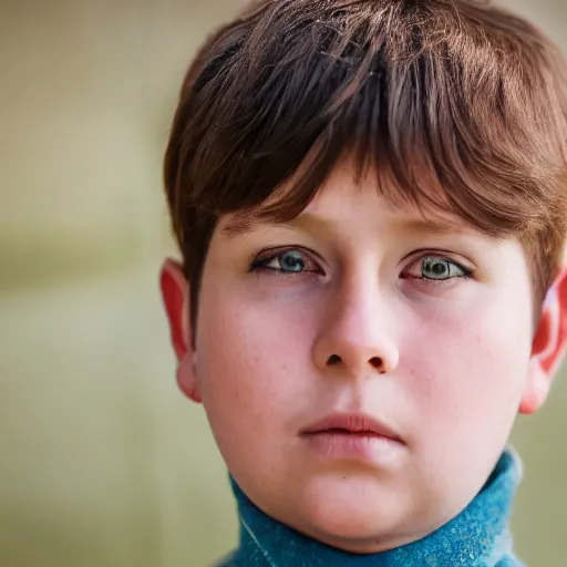 Image similar to closeup portrait of 8 year old boy, thick lips, very pink face, thin eyebrows, short light brown hair, facebook post