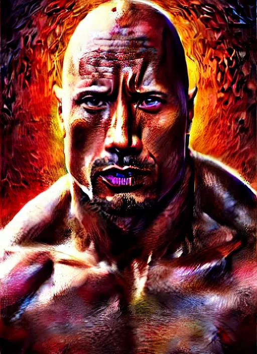 Image similar to portrait of dwayne johnson, hyper detailed ultra sharp aztec shaman warrior. trending on artstation, warpaint aesthetic, bloodwave, colorful, psychedelic, ornate, intricate, digital painting, concept art, smooth, sharp focus, illustration, art by artgerm and greg rutkowski and h. r. giger, 8 k