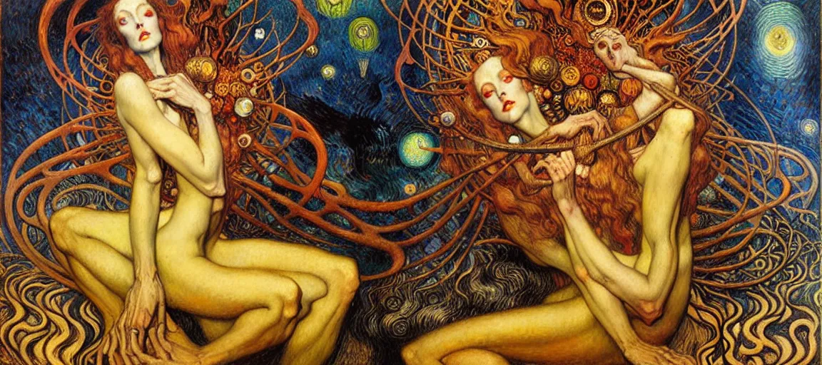 Image similar to Divine Chaos Engine by Karol Bak, Jean Delville, William Blake, Gustav Klimt, and Vincent Van Gogh, symbolist, visionary