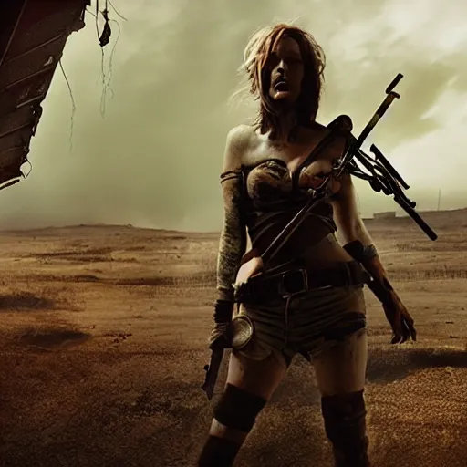 Image similar to movie still of a sad female postapocalyptic jester