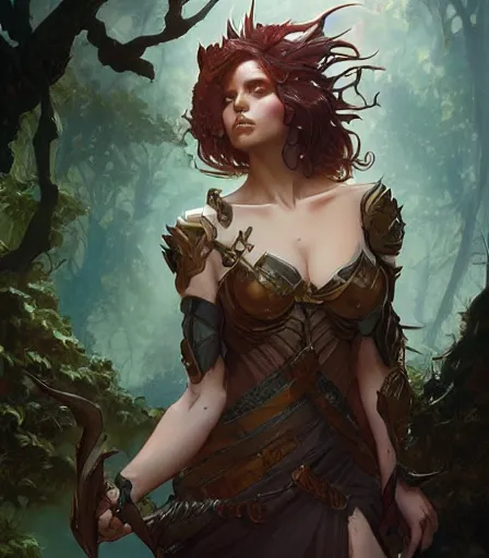 Image similar to Attractive Dryad, armored, dungeons and dragons portrait, highly detailed, digital painting, artstation, concept art, sharp focus, illustration, art by artgerm and greg rutkowski and alphonse mucha