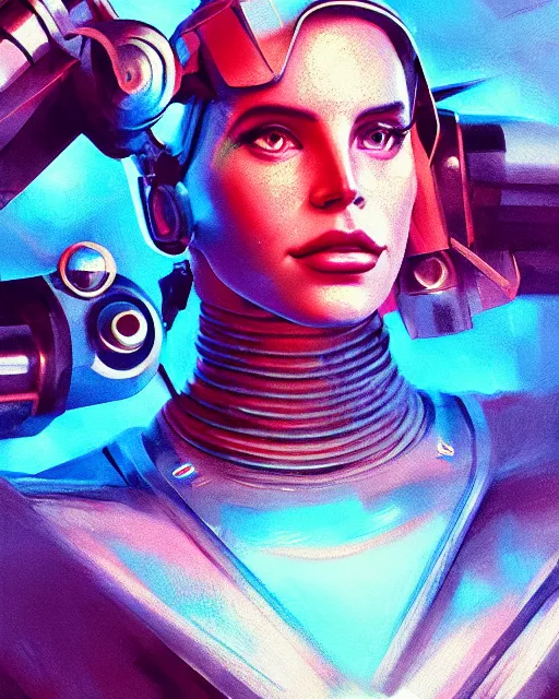 Image similar to portrait of cyborg lana del rey. intricate abstract. intricate artwork cyberpunk by tooth wu, wlop, beeple, dan mumford. octane render, trending on artstation, greg rutkowski ruan jia, cinematic lighting, hyper realism, high detail, octane render, 8 k, key art, blue and pink, iridescent accents