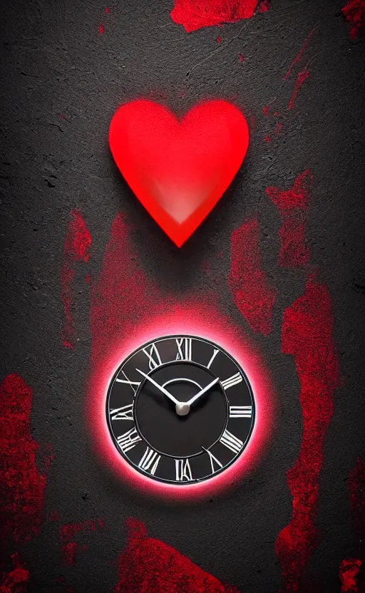 Image similar to a melting Roman numeral clock, behind a red and black gradient background, awith a black heart shaped on the top left corner and a black diamond card shape in the bottom right corner, dynamic lighting, photorealistic fantasy concept art, trending on art station, stunning visuals, cinematic, creative, ultra detailed