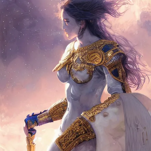 Prompt: portrait knights of Zodiac girl, white and metalic blue color reflected armor, in ruined Agora of Athens starry night, ssci-fi, fantasy, intricate, very very beautiful, elegant, golden light, highly detailed, digital painting, artstation, concept art, smooth, sharp focus, illustration, art by tian zi and WLOP and alphonse mucha