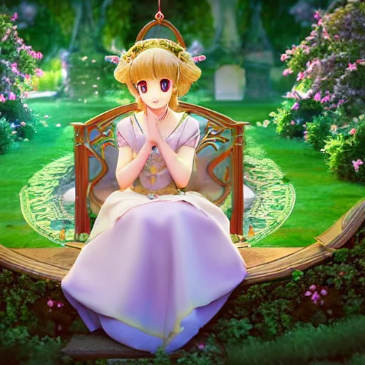 Image similar to a pleasant, beautiful, funny, smooth 3D CG render, semirealistic anime style, a noble priestess magician princess girl wearing dress and jewelry, in a glorious magic kingdom, relaxing calm vibes, fairytale