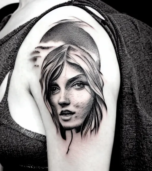 Image similar to tattoo design sketch of a beautiful woman face with a realistic mountain scenery on her side, hyper - realistic, double exposure effect, in the style of matteo pasqualin, amazing detail, black and white, faded