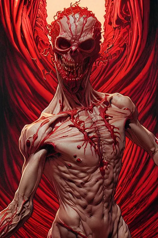 Image similar to the platonic ideal of cletus kasady carnage, detailed, intricate, hyperrealism, intense, scary by artgerm and greg rutkowski and alphonse mucha