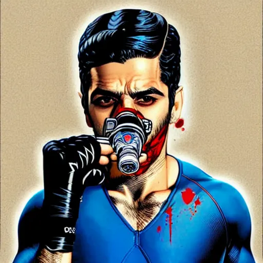 Image similar to a profile photo of a persian man with a diving oxygen mask with side profile blood in ocean intricate details by MARVEL comics and Sandra Chevrier-C