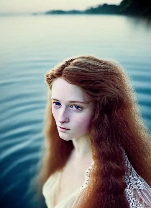 Image similar to Kodak Portra 400, 8K, soft light, volumetric lighting, highly detailed, britt marling style 3/4, extreme Close-up portrait photography of a beautiful woman how pre-Raphaelites, the hair floats on the water, a beautiful lace dress and hair are intricate with highly detailed realistic beautiful flowers , Realistic, Refined, Highly Detailed, natural outdoor soft pastel lighting colors scheme, outdoor fine art photography, Hyper realistic, photo realistic