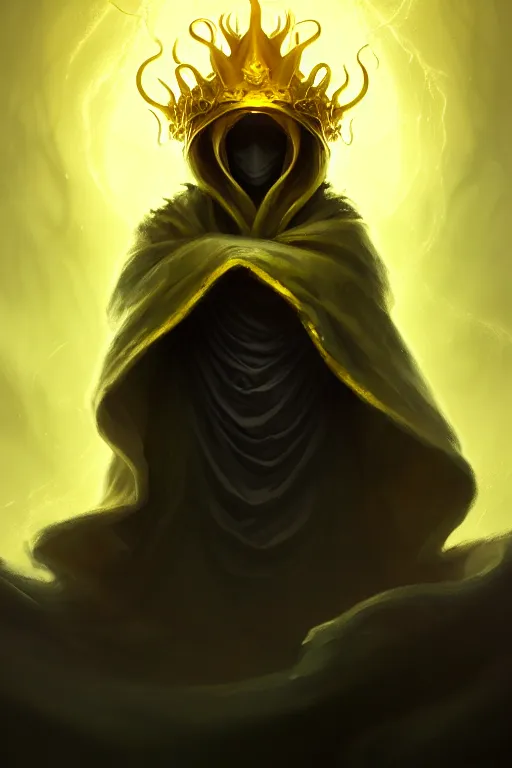 Image similar to A full body portrait of a mysterious character with no face with a very long hooded yellow cloak, a golden crown floating above his head tentacles coming out the ground art by James Paick, and Shaddy Safadi, ominous, cosmic horror, trending on artstation, Ultra detailed, hyper realistic 4k