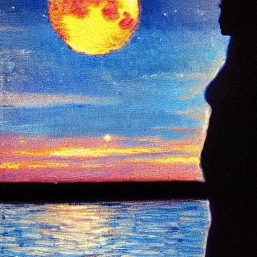 Image similar to of a full moon night, there is a silhouette of a perfect female girl by the window looking into the sea where you can see the refletion of the moon on the water, impressionist style