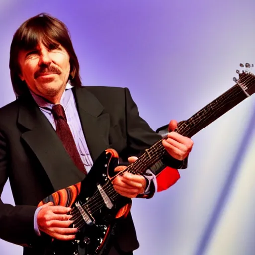 Prompt: dr brian cox thrashing his electric guitar on stage