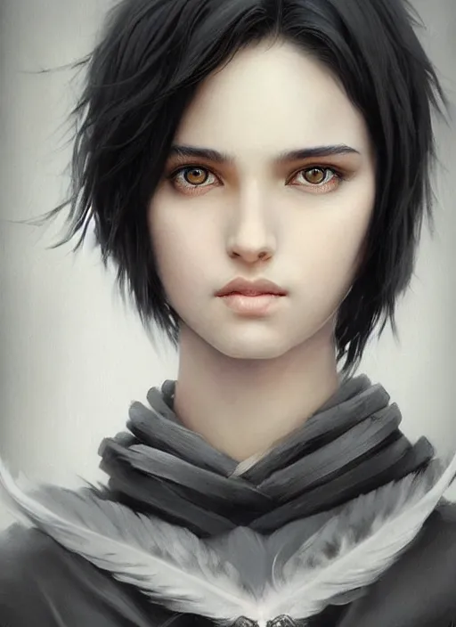 Prompt: a teenage fit girl with very short black hair and a huge cloak made of grey and black feathers. beautiful highly detailed face. beautiful painting by artgerm and greg rutkowski and raymond swanland, detailed portrait, closeup