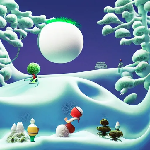 Image similar to a portrait of a mochi snowball - happily eating cannabis cookies with friends, friendly characters snowboarding in a gelatinous environment 3 d rendered in octane, by eyvind earle artgerm