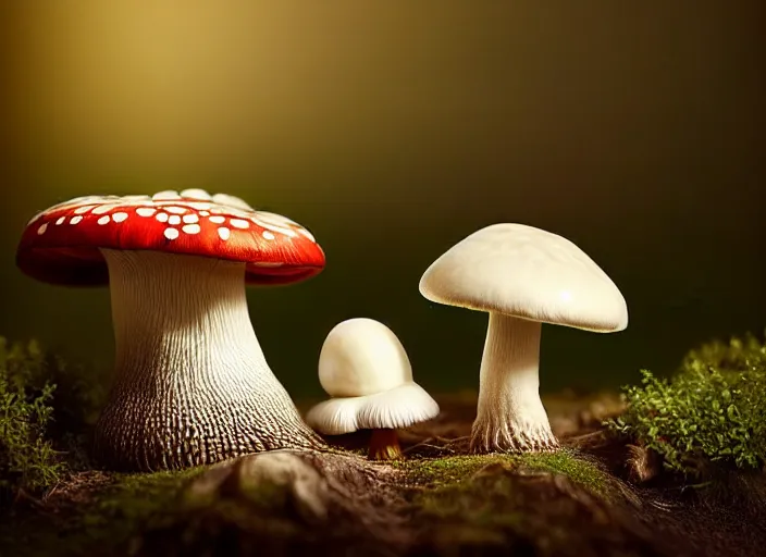 Image similar to a cute creature sitting next to a mushroom, realistic, very detailed, complex, intricate, studio lighting, superres sharpening, bokeh, sigma 5 0 mm f 1. 4, 1 9 2 0 period drama by bussiere rutkowski andreas rocha