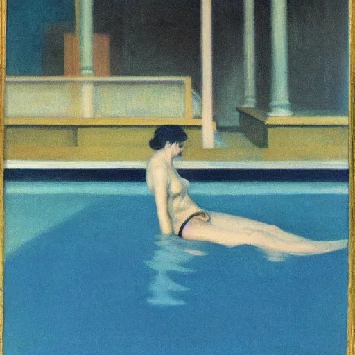 Image similar to dusty fantastic pool madeira platinum, by edward hopper and francisco goya, tarot card, seapunk