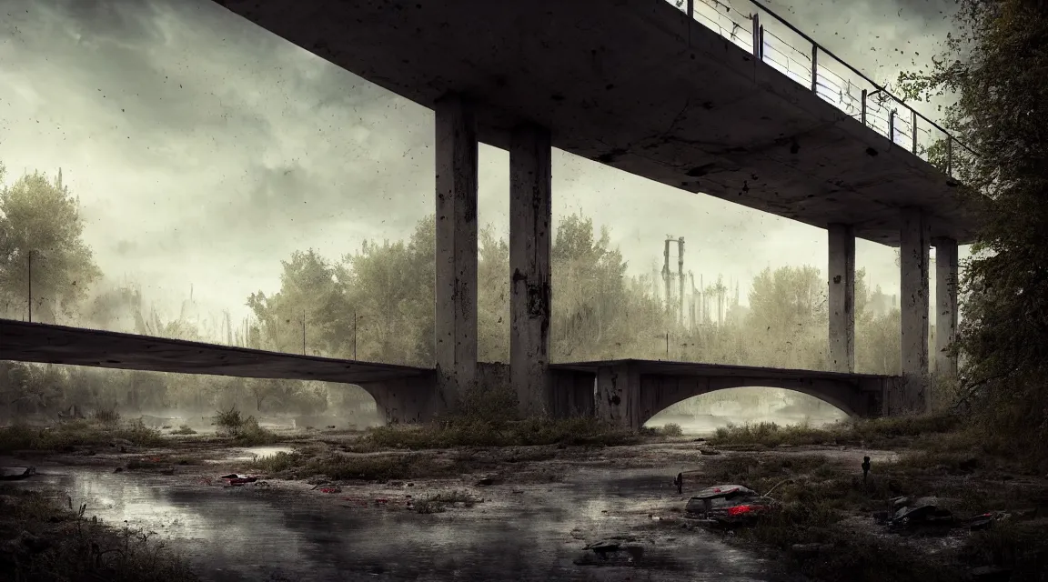 Image similar to post apocalyptic river bridge, morning, building, avenue, modern contemporary urban americana concrete architecture, by pascal blanche, neil blevins, apocalyptic color palette, trending on artstation, photorealistic, wilderness ambiance, ultra detailed, high definition, depth of field, bokeh, rubble, wild vegetation, blood stains, building crumbling