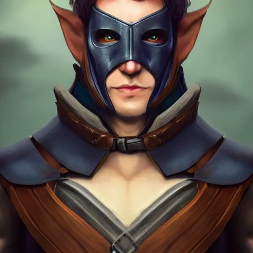 Image similar to Male Wood Elf Rogue, dnd, d&d, dark blue leather armor, black cloth mask, Chest Guard, Brown Hair, green eyes, high fantasy, , HD, Trending on Artstation. Head and Shoulder matte painting portrait by wlop