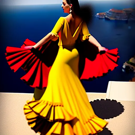 Prompt: beautiful flamenco dancer wearing a red and yellow swirling dress, standing on a Santorini terrace looking down into the ocean, trending on Artstation, cinematic